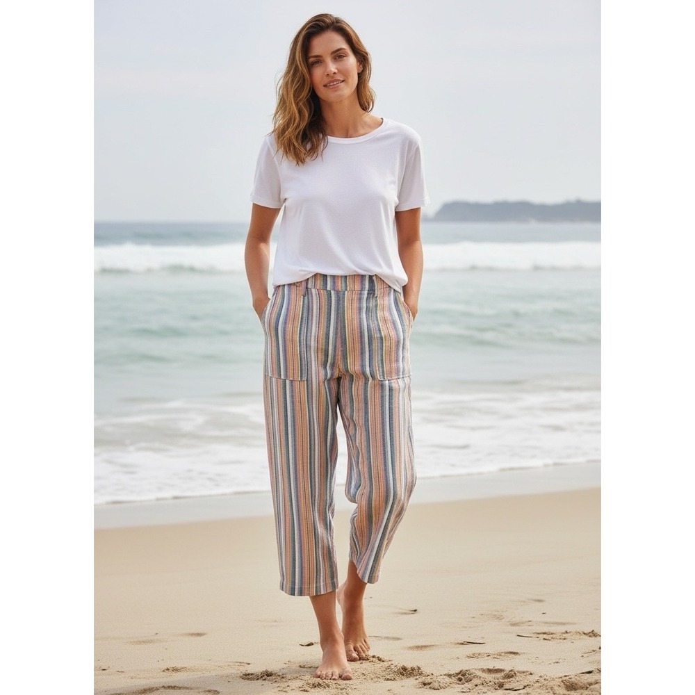 7 For All Mankind Striped Linen Wide Leg Pants Women's Size‎ 12 Multicolor Ankle